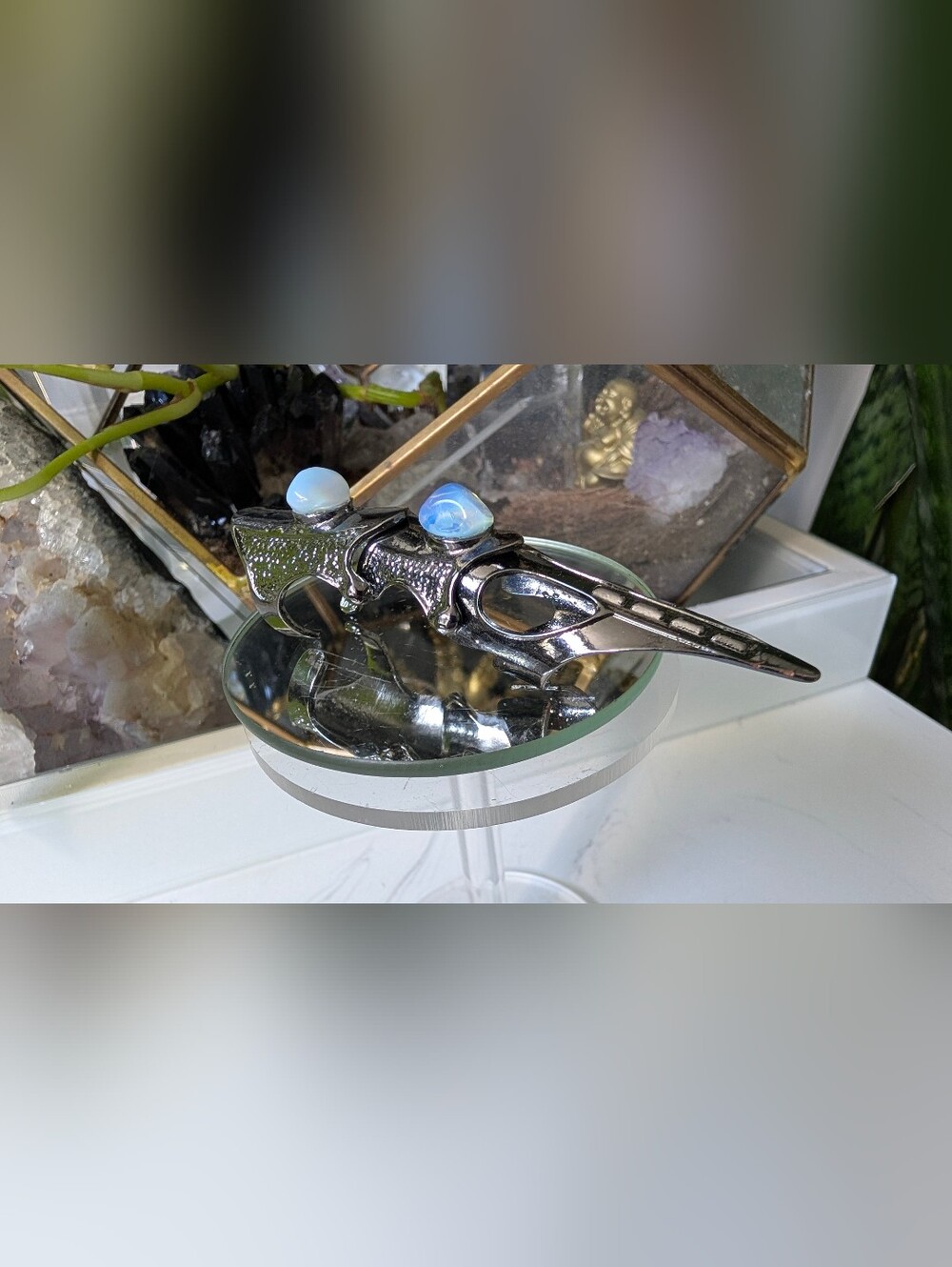 Gunmetal Finger Armour with Opalite Crystals